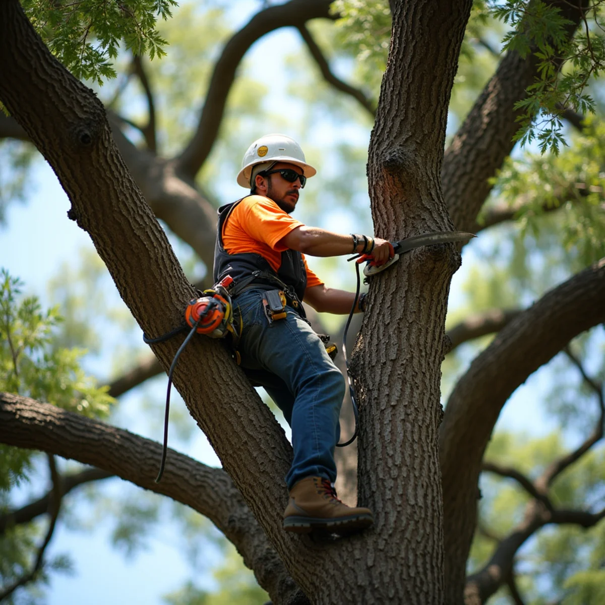 Certified arborist performing precision canopy pruning on mature live oak in Austin