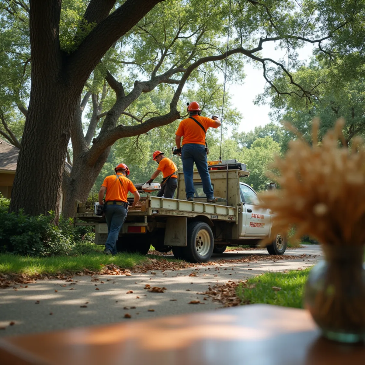Tree service crew clearing storm-damaged tree branches off Austin residential driveway