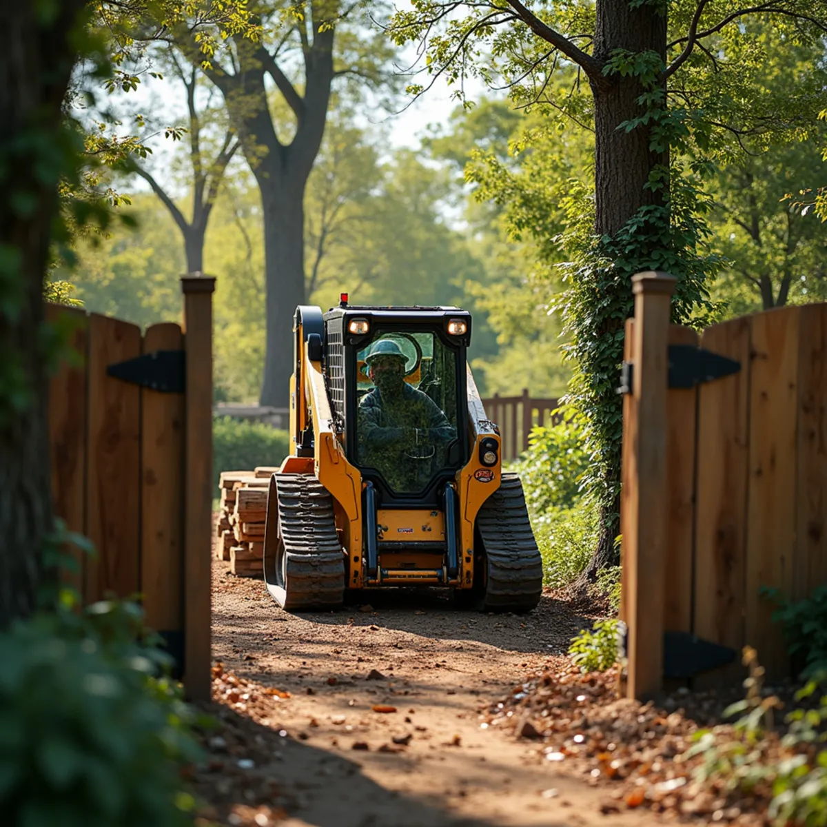 Compact tracked mini-loader transporting heavy oak logs through 36-inch residential gate
