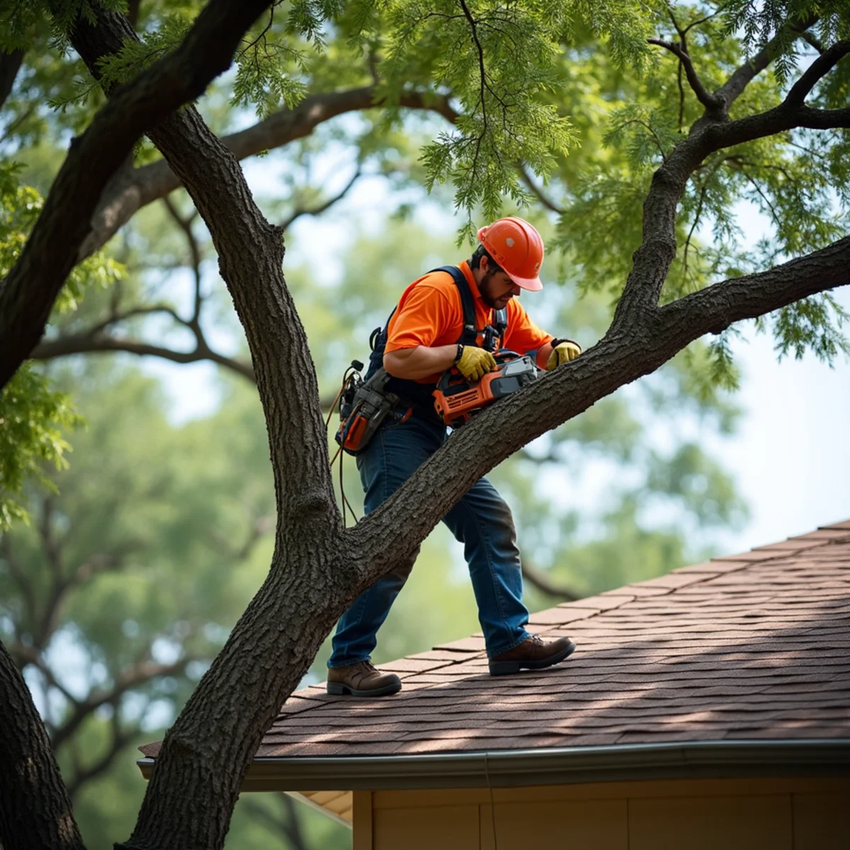 Bucket truck operator executing ten-foot branch clearance trimming over asphalt roof