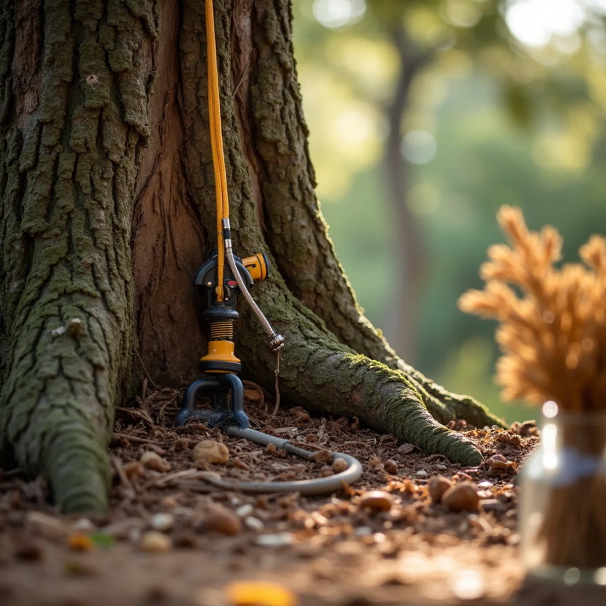 Macro-infusion tubing setup administering vascular fungicide treatment to heritage live oak