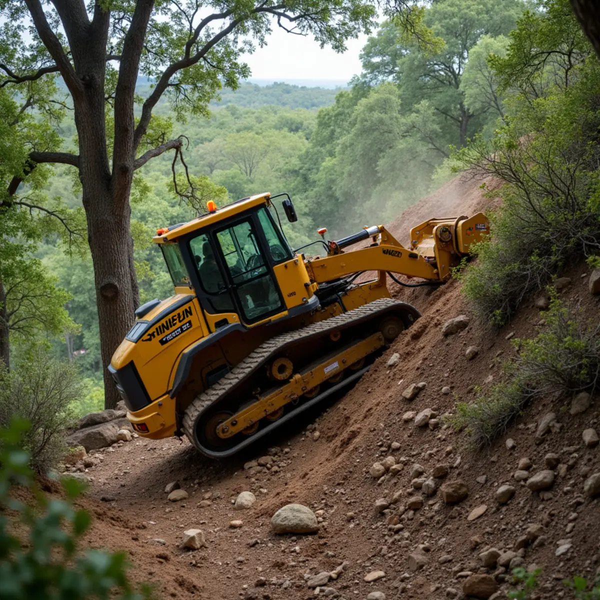 Tracked forestry mulcher clearing dense Ashe juniper underbrush on Hill Country hillside